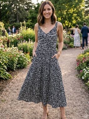 Nordstrom Black & White Floral V-Neck Midi Silk Dress